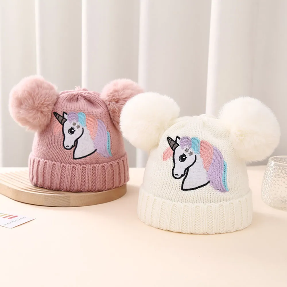 Baby/toddler Unicorn embroidered double ball warm knitted beanie White big image 1