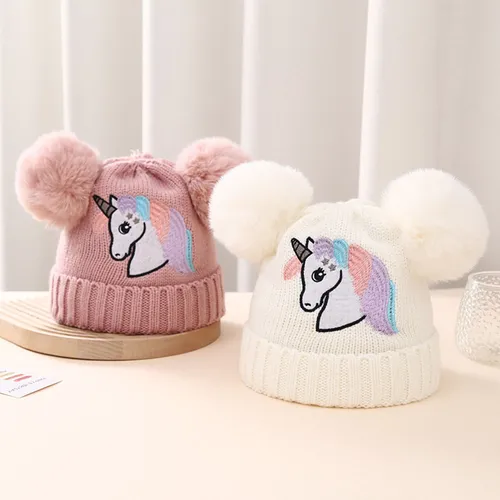 Baby/toddler Unicorn embroidered double ball warm knitted beanie