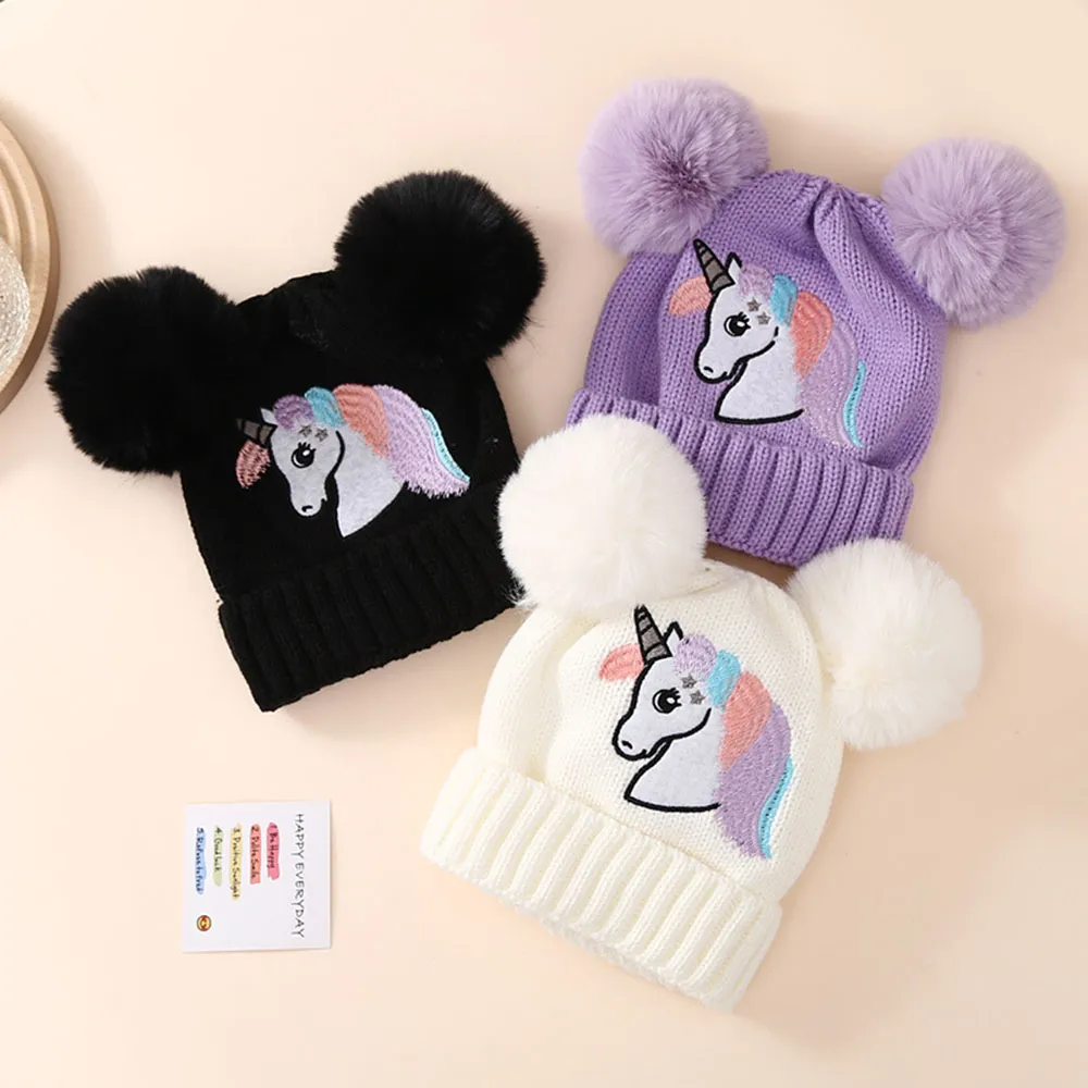 Baby/toddler Unicorn embroidered double ball warm knitted beanie White big image 1