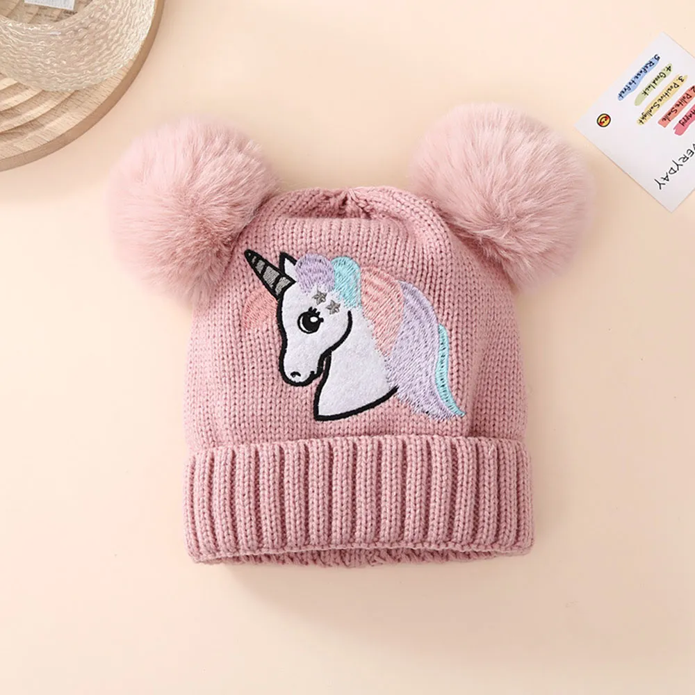 Baby/toddler Unicorn embroidered double ball warm knitted beanie