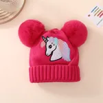 Bebé / niño Unicornio bordado doble bola gorro de punto caliente Rosa caliente