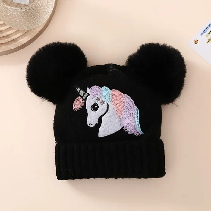 Baby/toddler Unicorn embroidered double ball warm knitted beanie