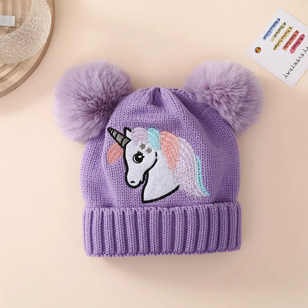 Baby/toddler Unicorn Embroidered Double Ball Warm Knitted Beanie