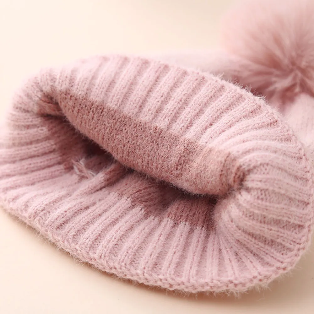 قبعة دافئة سميكة محبوكة محبوكة للطفل زهري big image 1