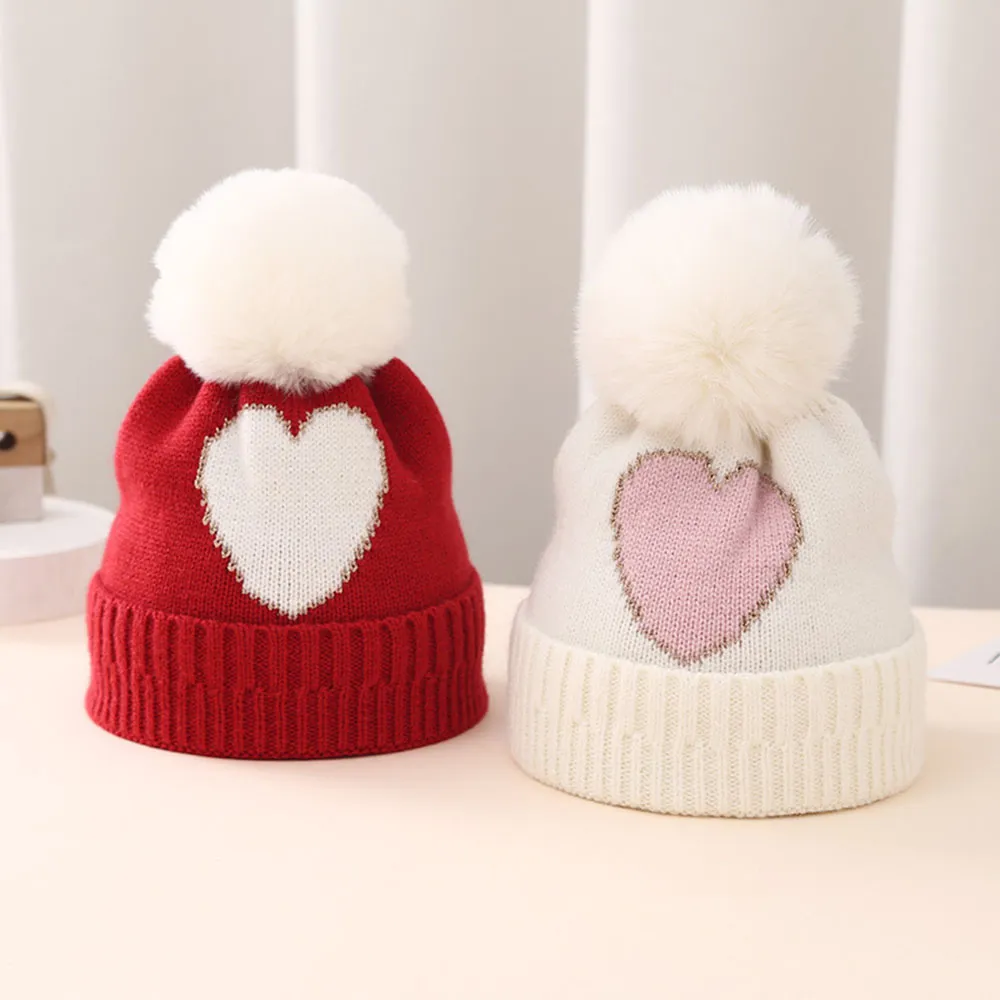 Baby's heart-shaped thickened warm wool knitted hat Creamy White big image 1