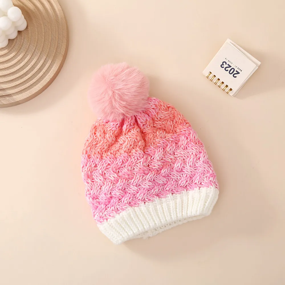 Bloco de cores tricotado elegante e quente chapéu de lã para crianças / crianças  Rosa big image 1