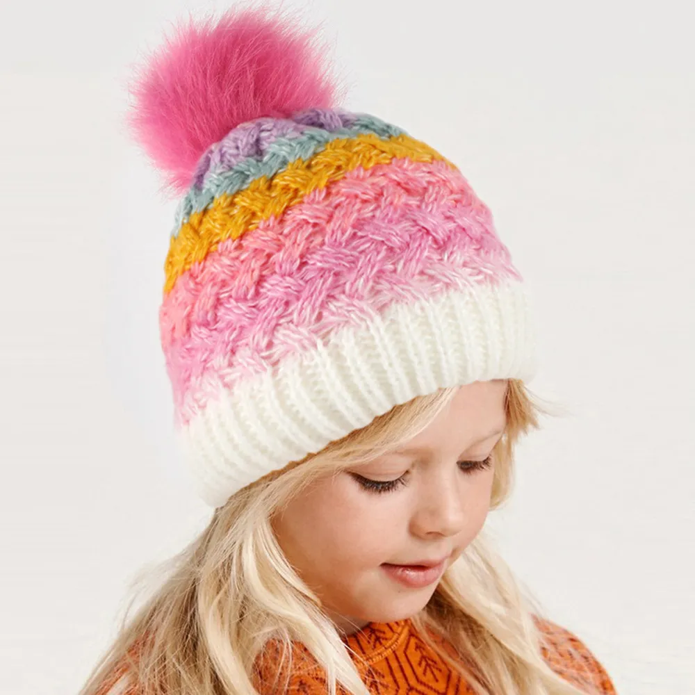 Color block tejer sombrero de lana moderno y cálido para niños pequeños / niños  Rosa caliente big image 1
