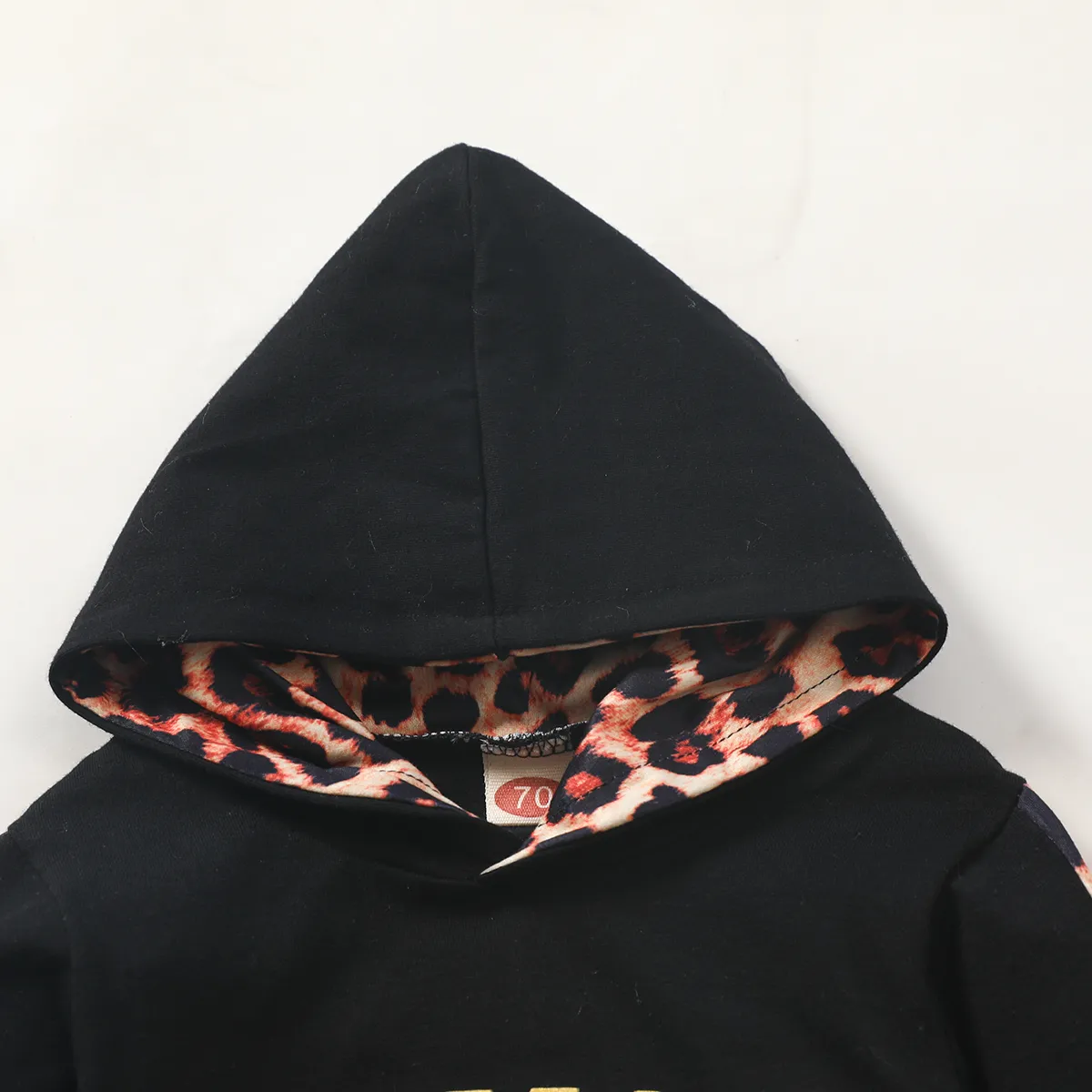 100% Cotton 3pcs Leopard and Letter Print Hooded Long-sleeve Baby Set Black big image 1
