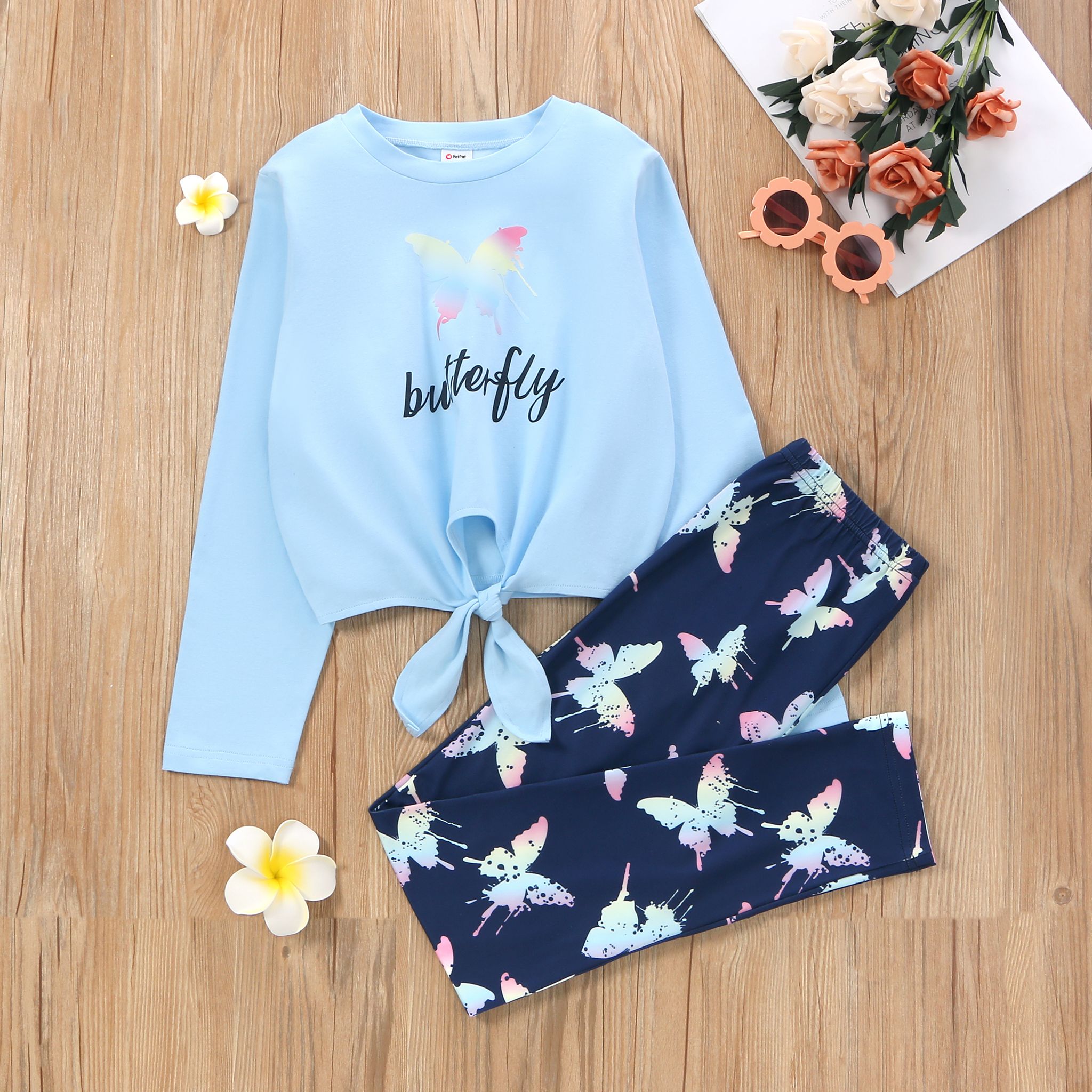 

2-piece Kid Girl Butterfly Letter Print Tie Knot Long-sleeve Tee and Leggings Set