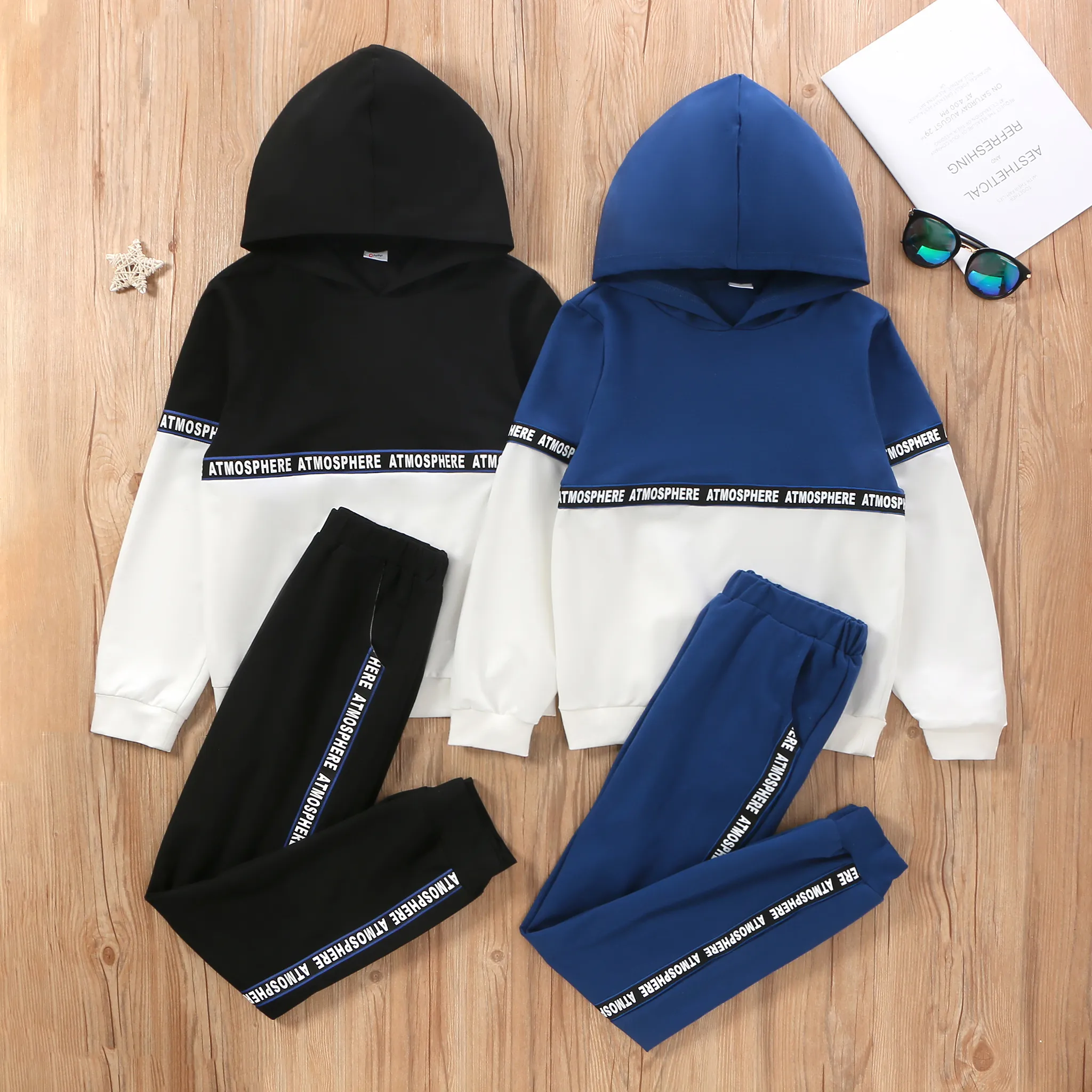 

2pcs Kid Boy Letter Print Colorblock Hoodie Sweatshirt and Pants Set/ Bomber Jacket