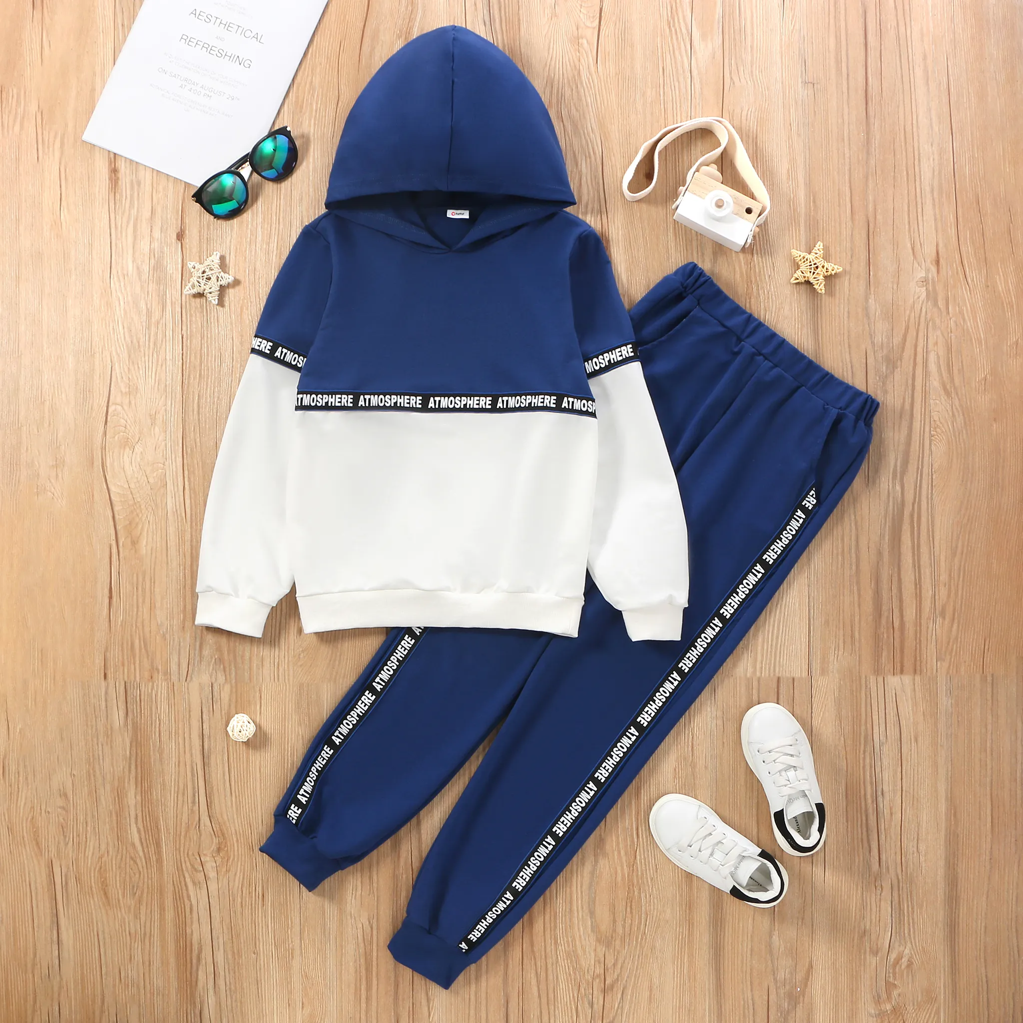 2-piece Kid Boy Letter Print Colorblock Hoodie Sweatshirt and Pants Casual Set  big image 1