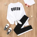 2-piece Kid Girl Letter Print Tie Knot Long-sleeve Tee and Colorblock Pants Set White