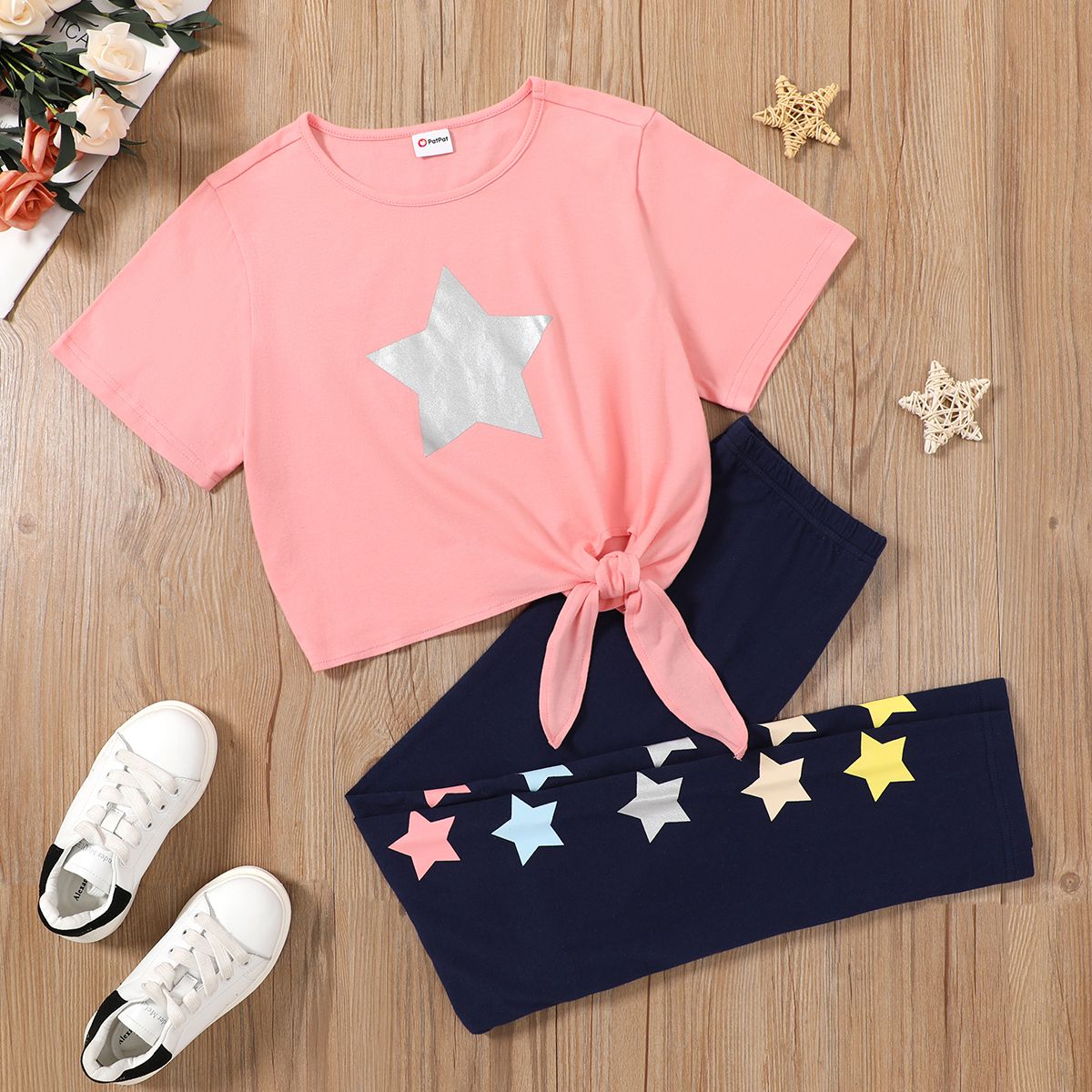 

Beautiful Kid Girl Star & Bowknot Decor Casual Set