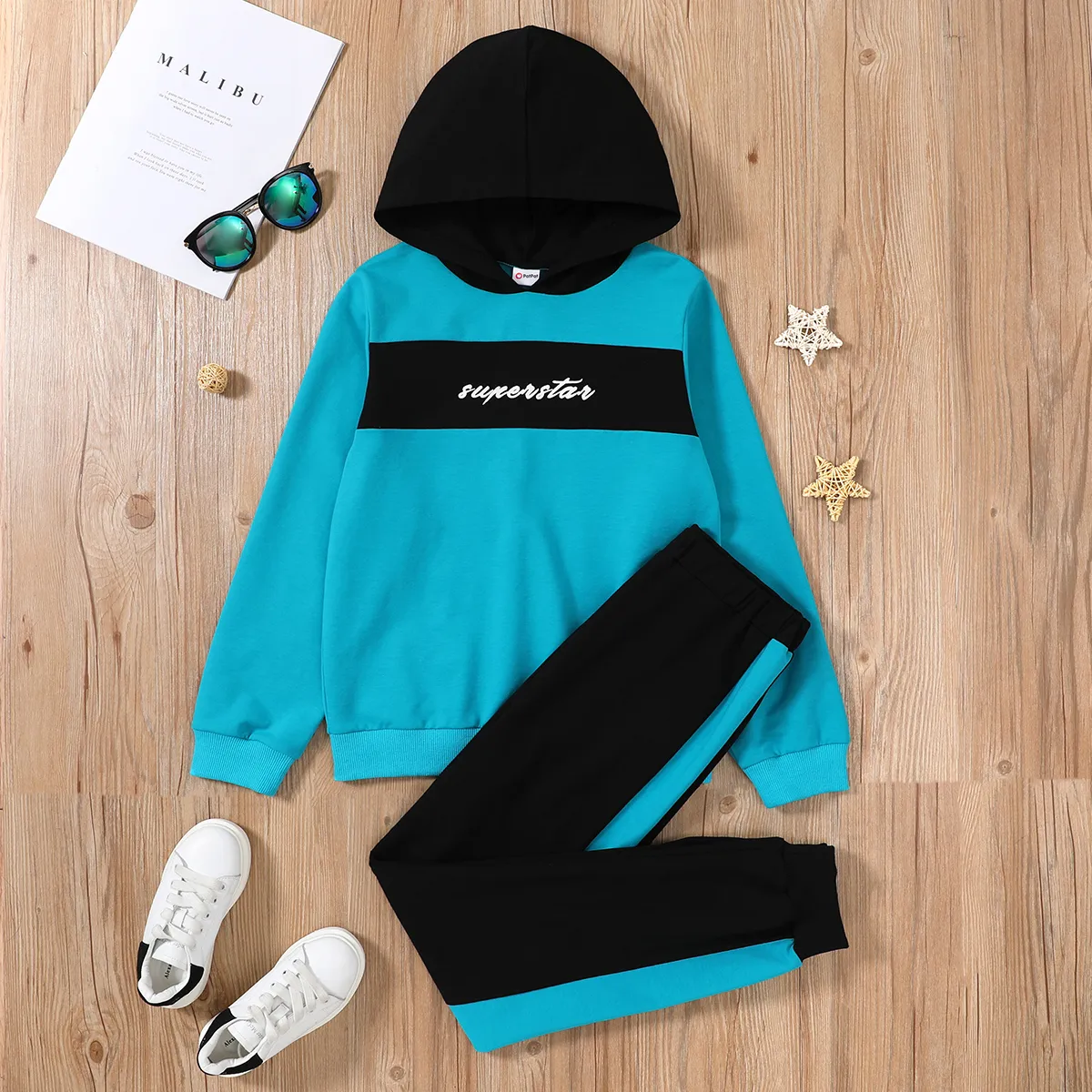 2-piece Kid Boy Letter Print Colorblock Hoodie Sweatshirt and Pants Casual Set Blue