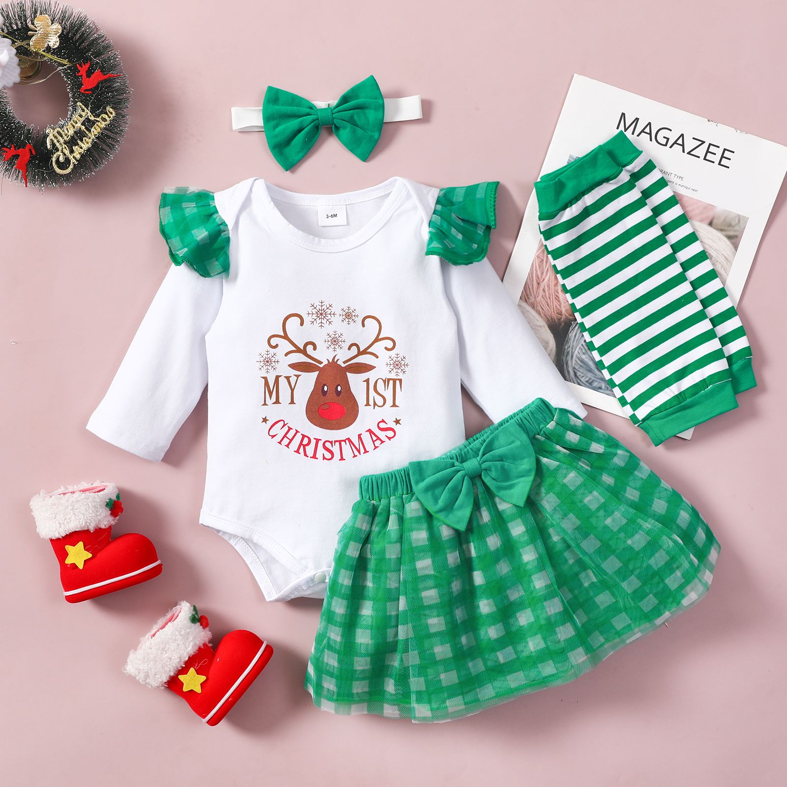 

Baby 4pcs Christmas Letter Long-sleeve Romper and Red Plaid Mesh Skirts Set
