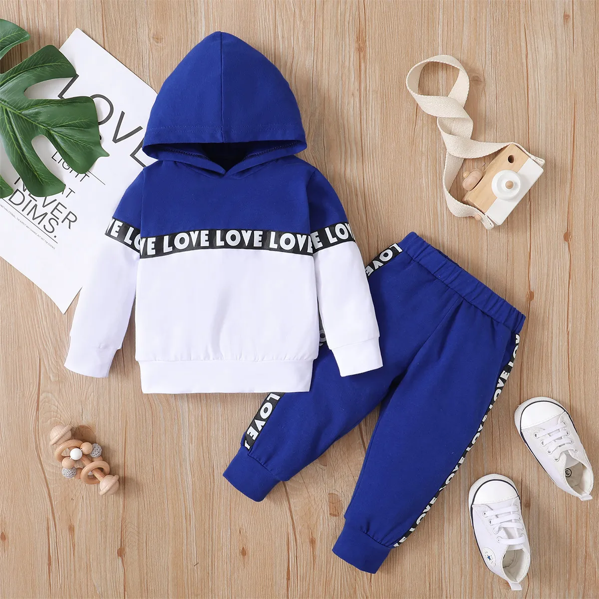 2pcs Letter Print Splice Color Block Hooded Long-sleeve Baby Set Dark Blue
