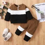 2pcs Baby Color Block Long-sleeve Sweatshirt and Trousers Set Brown