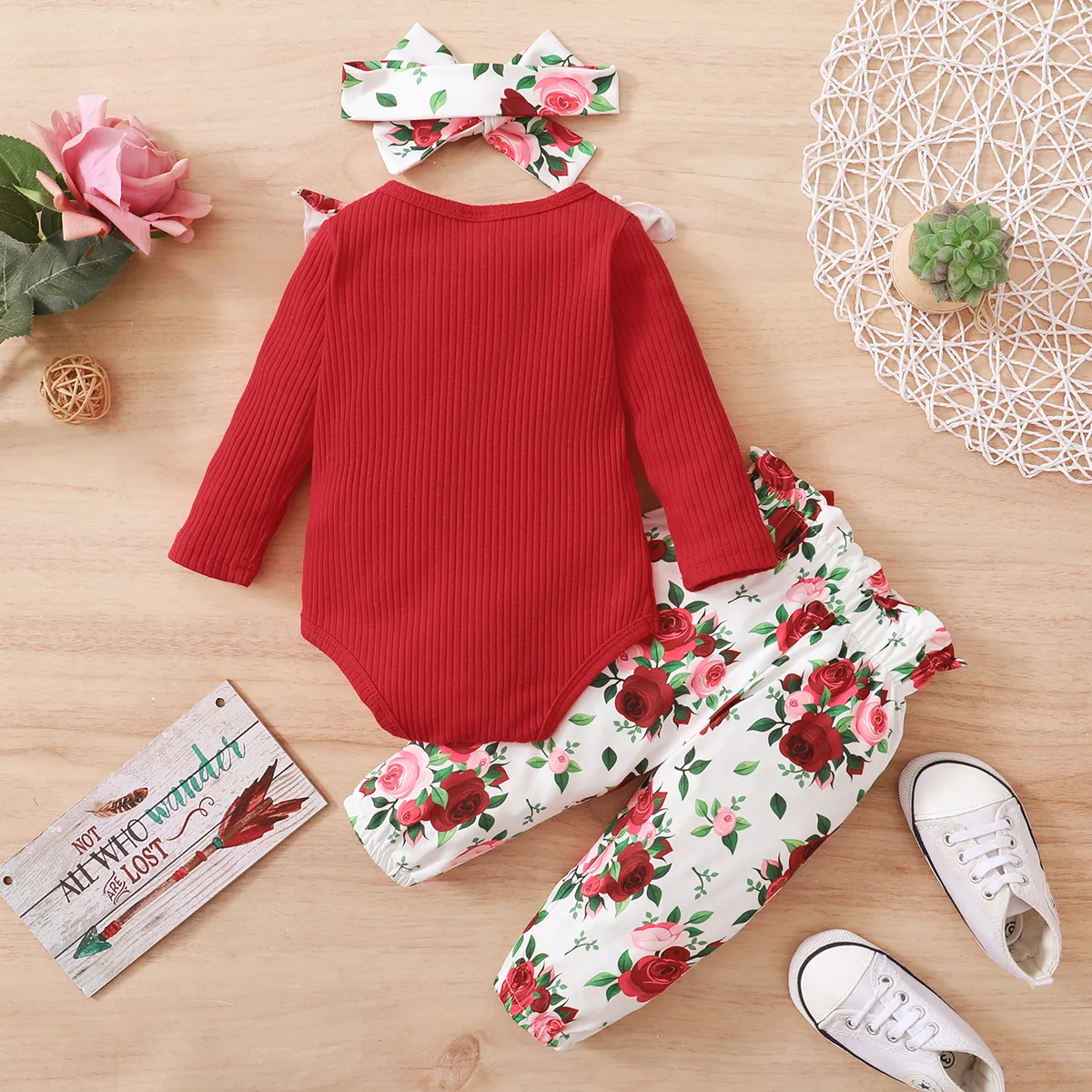 3pcs Baby Red Ribbed Long-sleeve Ruffle Romper and Rose Floral Print Bowknot Trousers Set Red big image 1