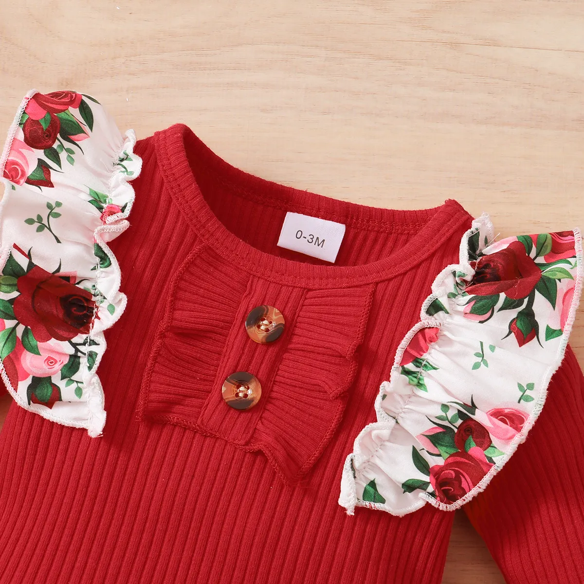 3pcs Baby Red Ribbed Long-sleeve Ruffle Romper and Rose Floral Print Bowknot Trousers Set Red big image 1