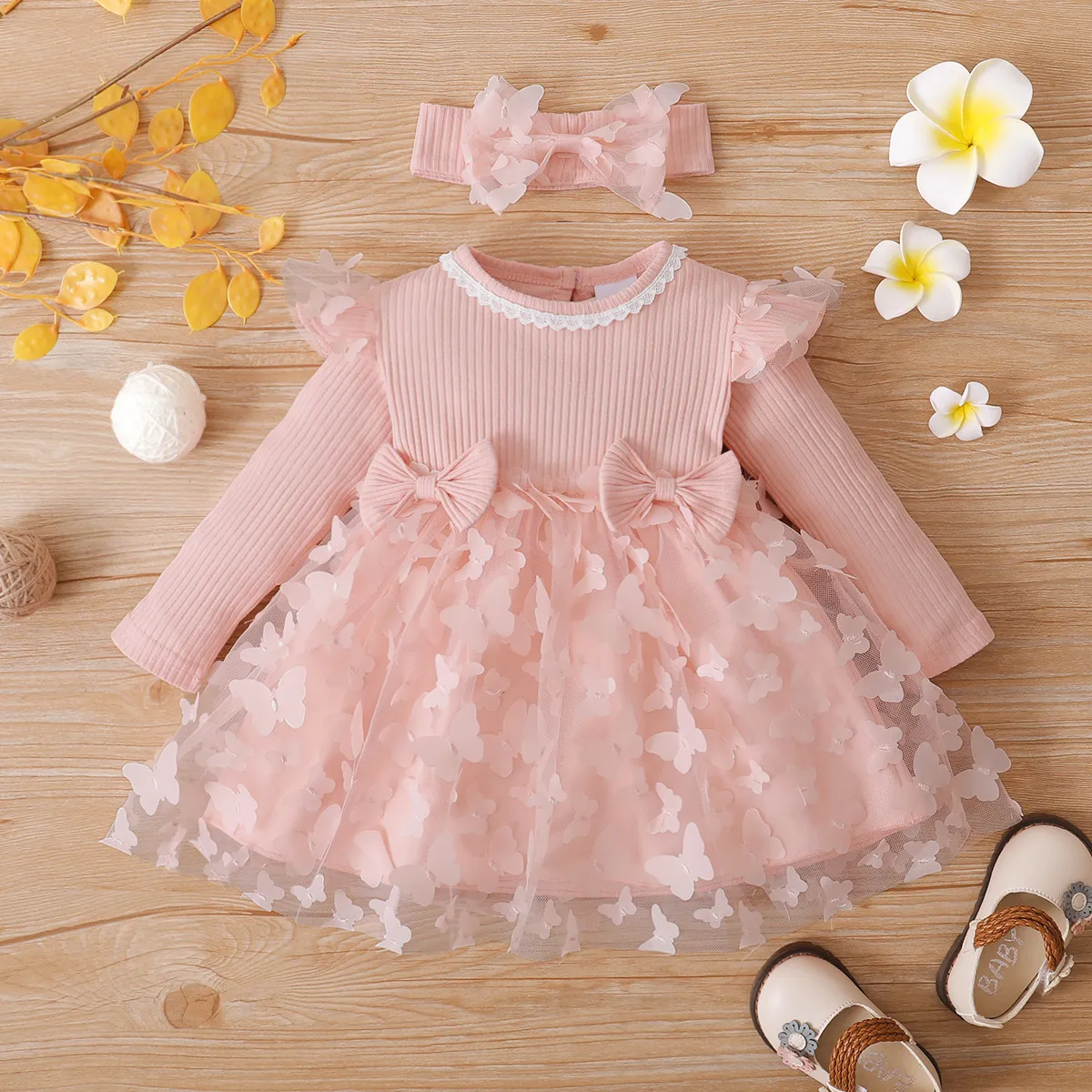 2pcs Baby Girl 95% Cotton Ribbed Long-sleeve Splicing 3D Butterfly Appliques Mesh Fairy Dress with Headband Set