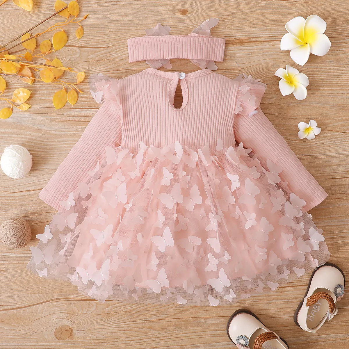 2pcs Baby Girl 95% Cotton Ribbed Long-sleeve Splicing 3D Butterfly Appliques Mesh Fairy Dress with Headband Set Light Pink image 3