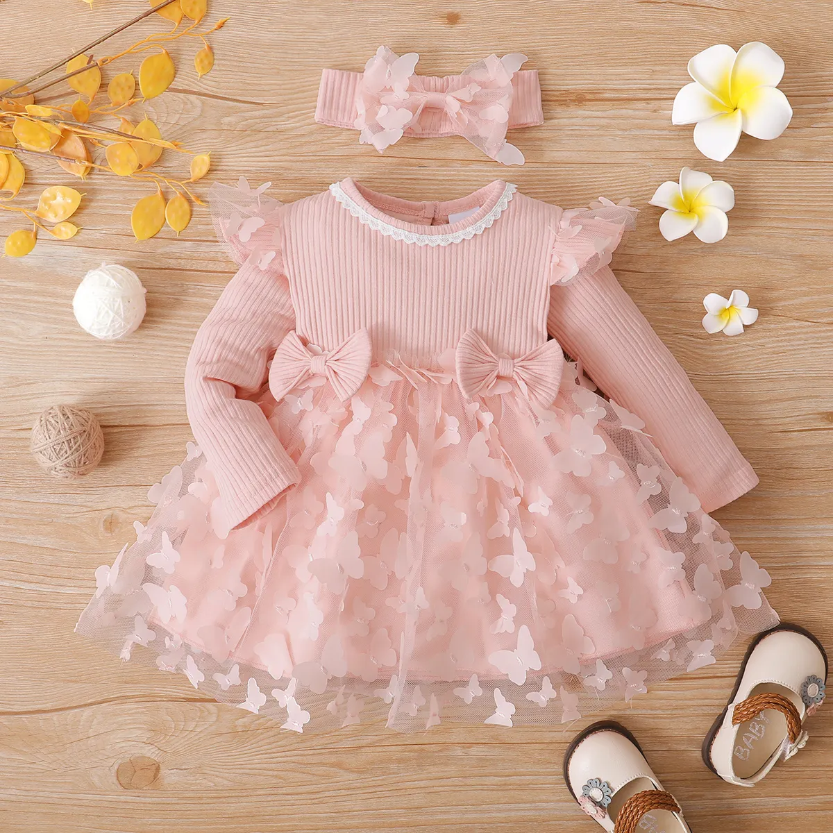 2pcs Baby Girl 95% Cotton Ribbed Long-sleeve Splicing 3D Butterfly Appliques Mesh Fairy Dress with Headband Set Light Pink image 2