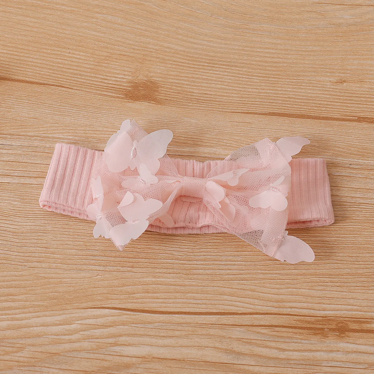 2pcs Baby Girl 95% Cotton Ribbed Long-sleeve Splicing 3D Butterfly Appliques Mesh Fairy Dress with Headband Set Light Pink image 4