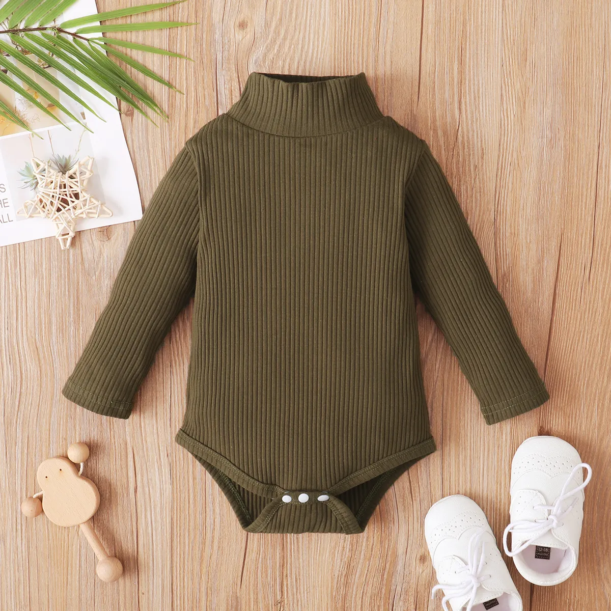 Baby Boy/Girl 95% Cotton Ribbed Turtleneck Long-sleeve Romper Army green big image 1