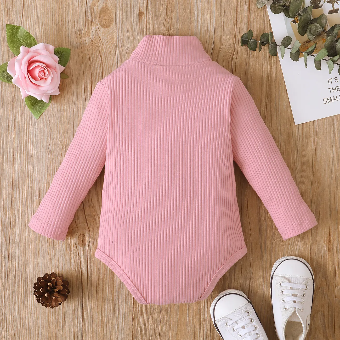 Baby Boy/Girl 95% Cotton Ribbed Turtleneck Long-sleeve Romper Pink big image 1