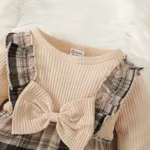 2pcs Baby Girl Plaid Spliced Solid Rib Knit Bow Front Bell Sleeve Jumpsuit with Headband Set  image 2