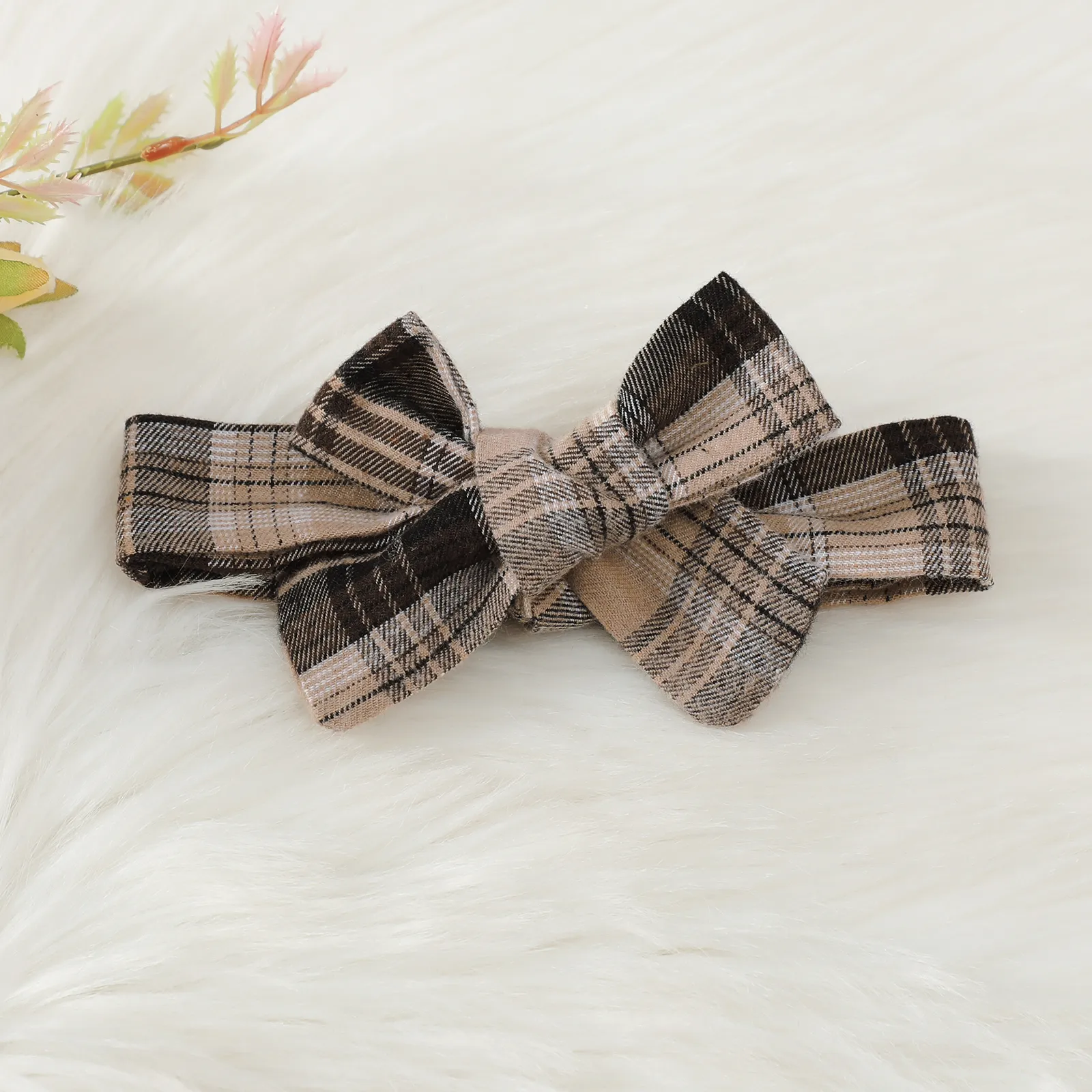 2pcs Baby Girl Plaid Spliced Solid Rib Knit Bow Front Bell Sleeve Jumpsuit with Headband Set  image 3