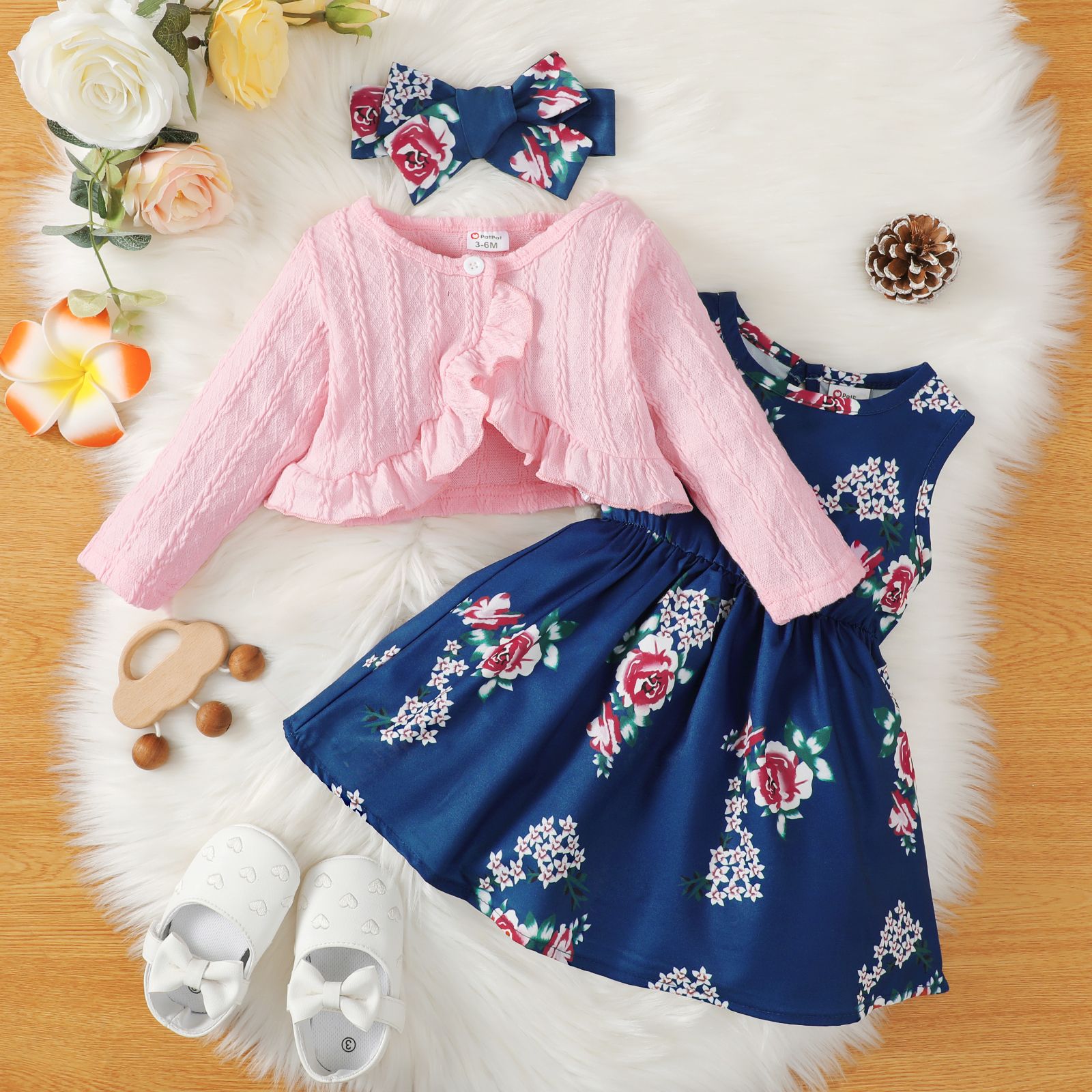 

3pcs Baby Girl Cable Knit Ruffle Trim Long-sleeve Cardigan and Allover Floral Print Tank Dress with Headband Set