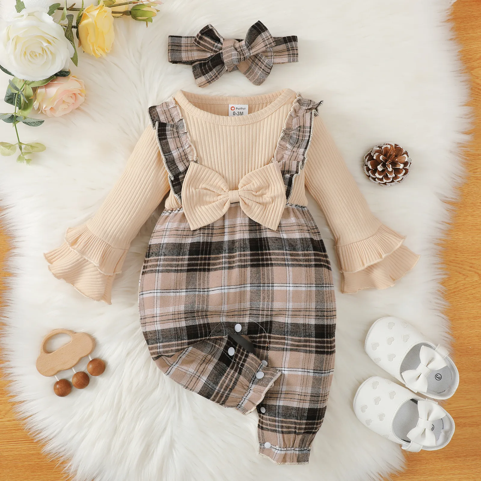 2pcs Baby Girl Plaid Spliced Solid Rib Knit Bow Front Bell Sleeve Jumpsuit with Headband Set