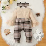 2pcs Baby Girl Plaid Spliced Solid Rib Knit Bow Front Bell Sleeve Jumpsuit with Headband Set  image 5