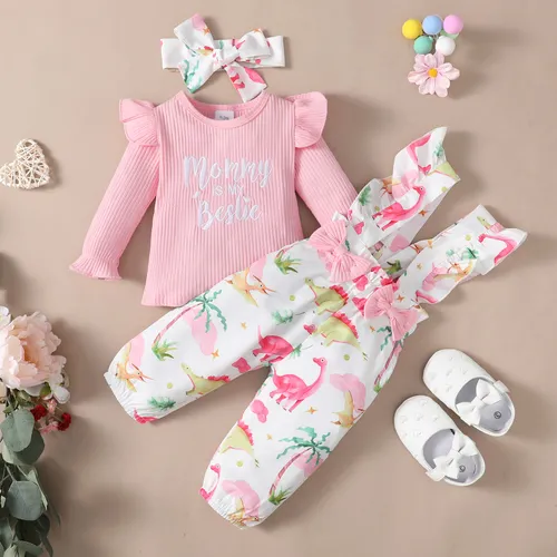 3pcs Baby Girl 95% Cotton Rib Knit Letter Print Long-sleeve Top and Allover Dinosaur Print Ruffle Overalls with Headband Set