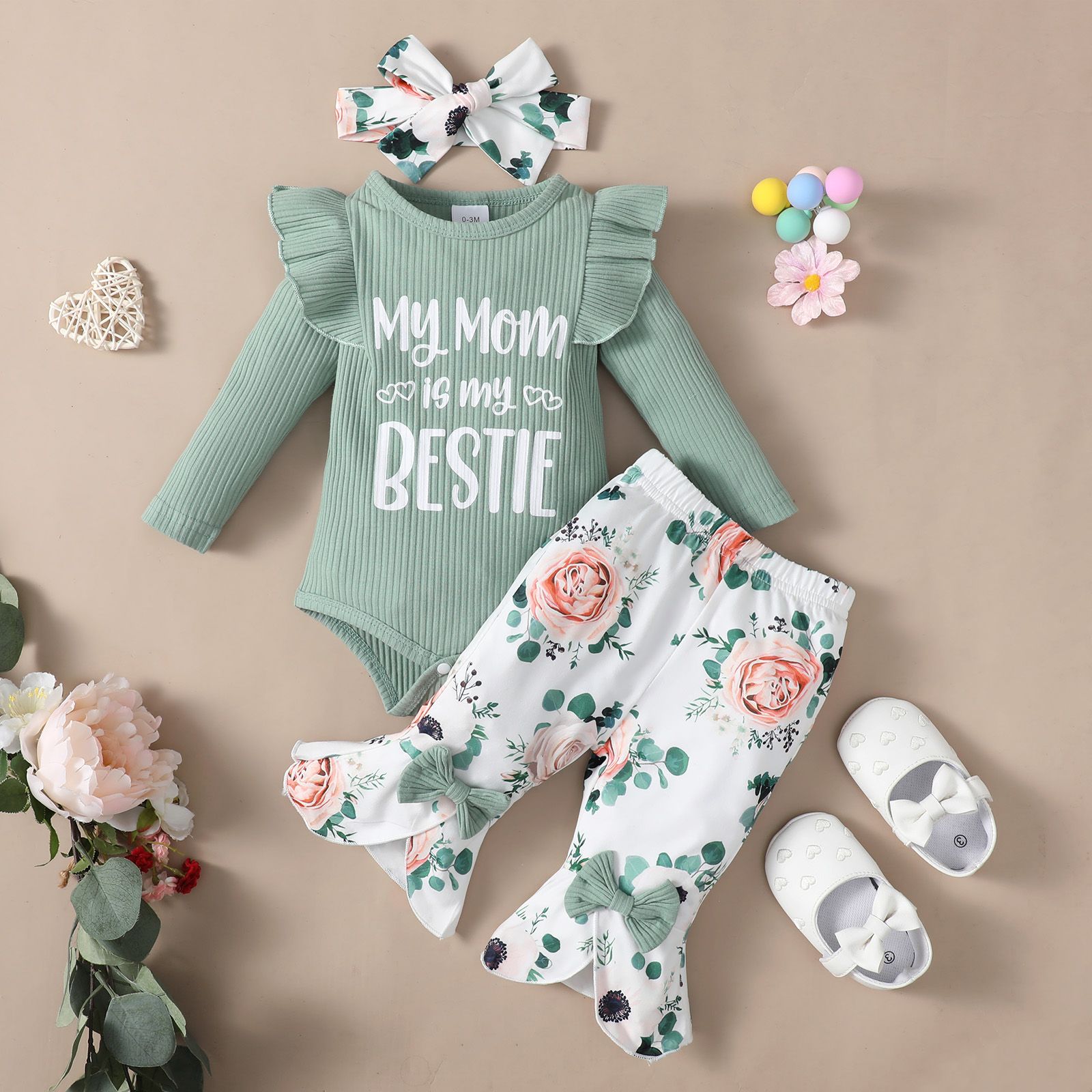 

3pcs Baby Girl Letter Print Rib Knit Ruffle Trim Long-sleeve Romper and Floral Print Flared Pants with Headband Set