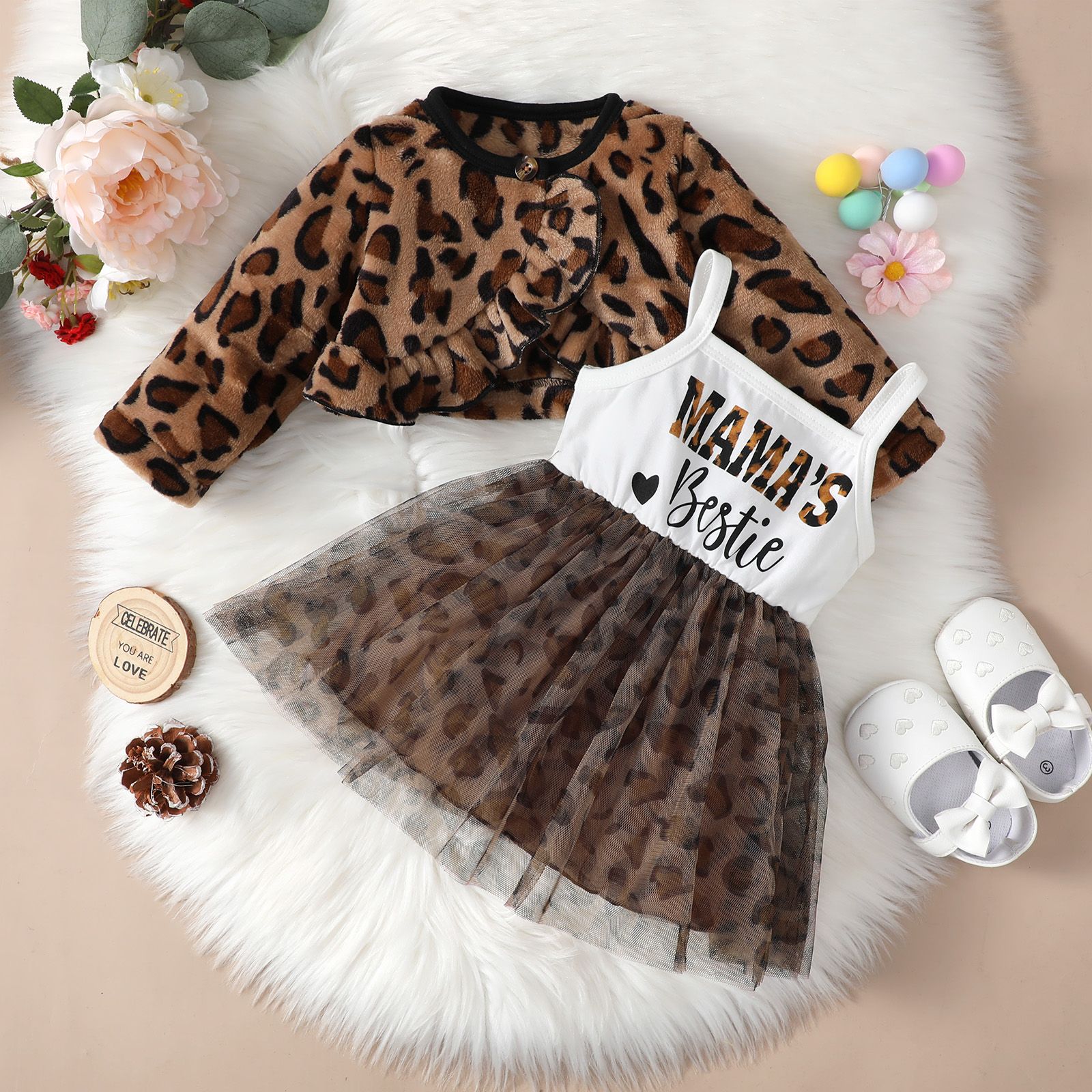 

2pcs Baby Girl 95% Cotton Letter Print Spliced Mesh Cami Dress and Leopard Print Ruffle Trim Thermal Fuzzy Coat Set