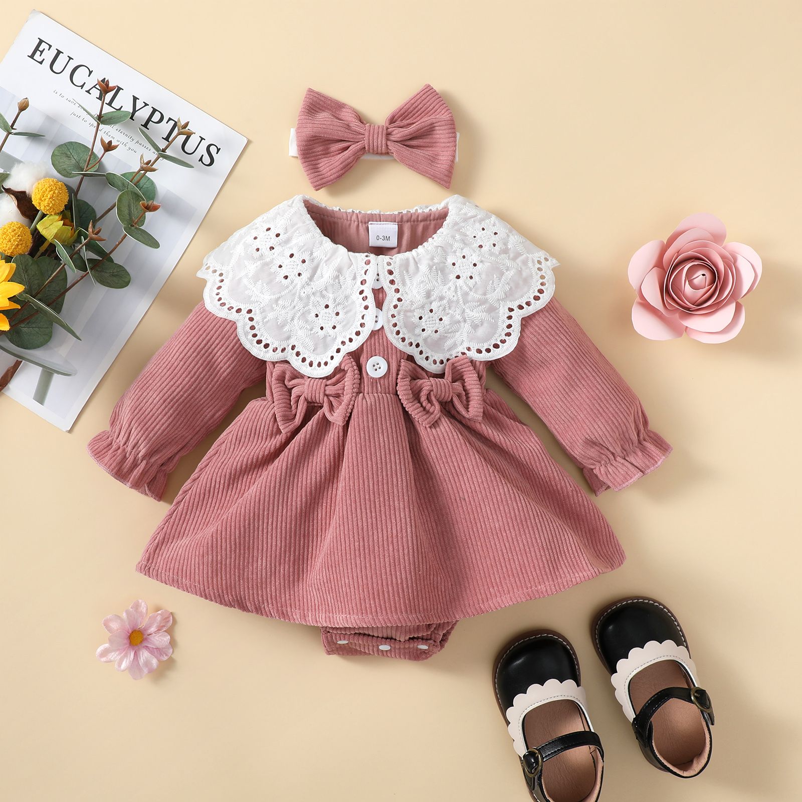 2pcs Baby Girl Statement Collar Pink Corduroy Bow Front Long-sleeve Romper Dress with Headband Set