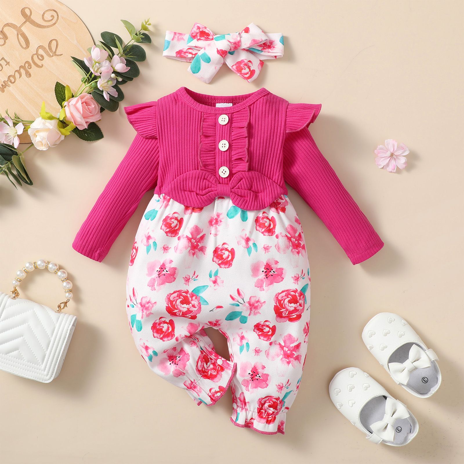 

2pcs Baby Girl Hot Pink Ribbed Ruffle Long-sleeve Spliced Floral Print Jumpsuit with Headband Set