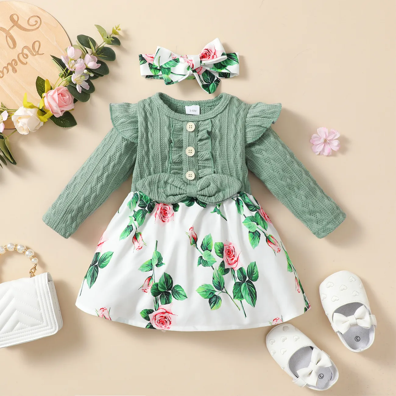 2pcs Baby Girl Green Cable Knit Ruffle Long-sleeve Spliced Floral Print Dress with Headband Set LightGrassGreen big image 1