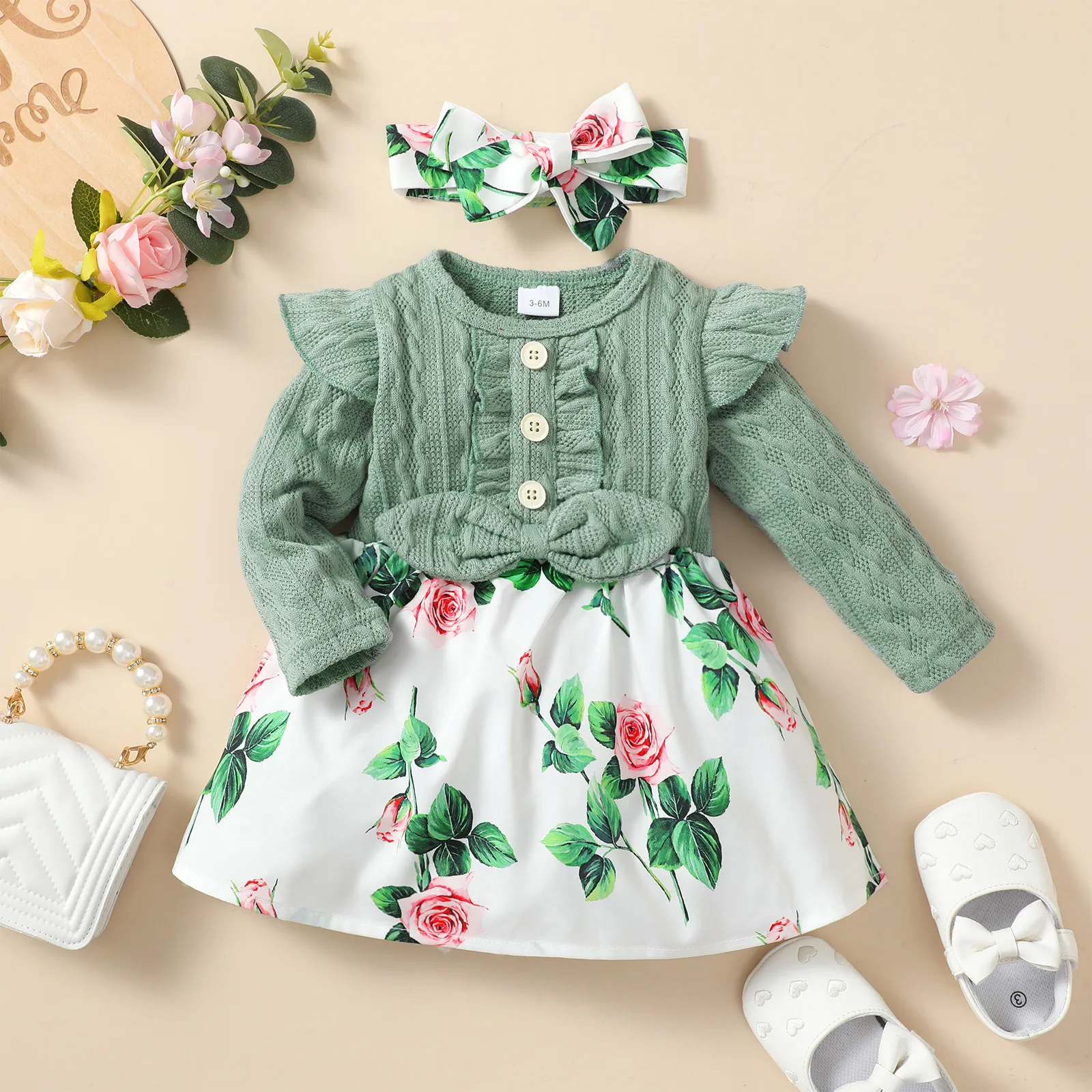 2 قطعة طفلة خضراء متماسكة كشكش طويلة الأكمام فستان مطبوع الأزهار مع مجموعة عقال lightgrassgreen image 3