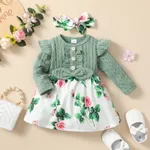 2pcs Baby Girl Green Cable Knit Ruffle Long-sleeve Spliced Floral Print Dress with Headband Set  image 3