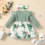 2pcs Baby Girl Green Cable Knit Ruffle Long-sleeve Spliced Floral Print Dress with Headband Set  image 2