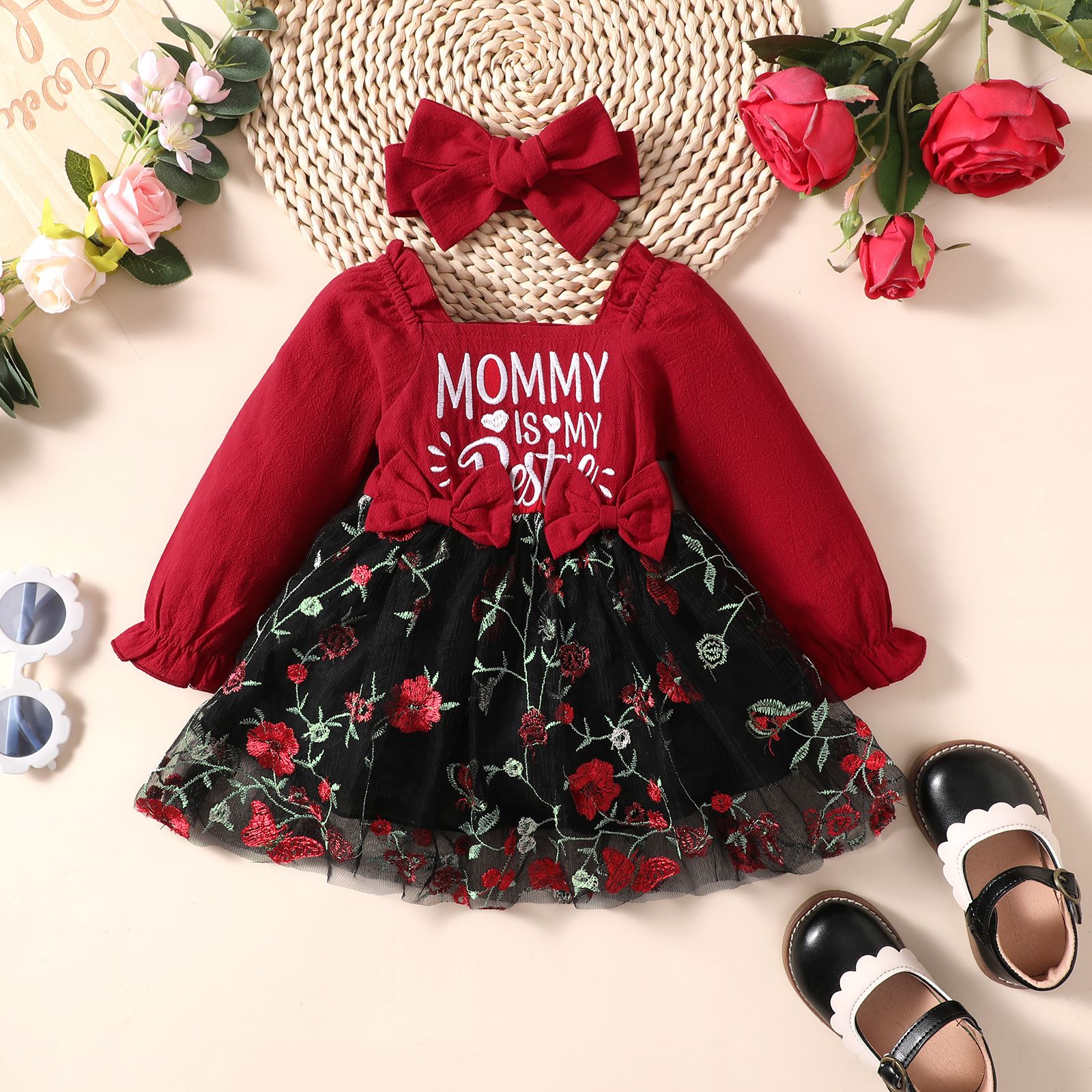 

2pcs Baby Girl 100% Cotton Square Neck Long-sleeve Letter & Floral Embroidered Mesh Dress with Headband Set