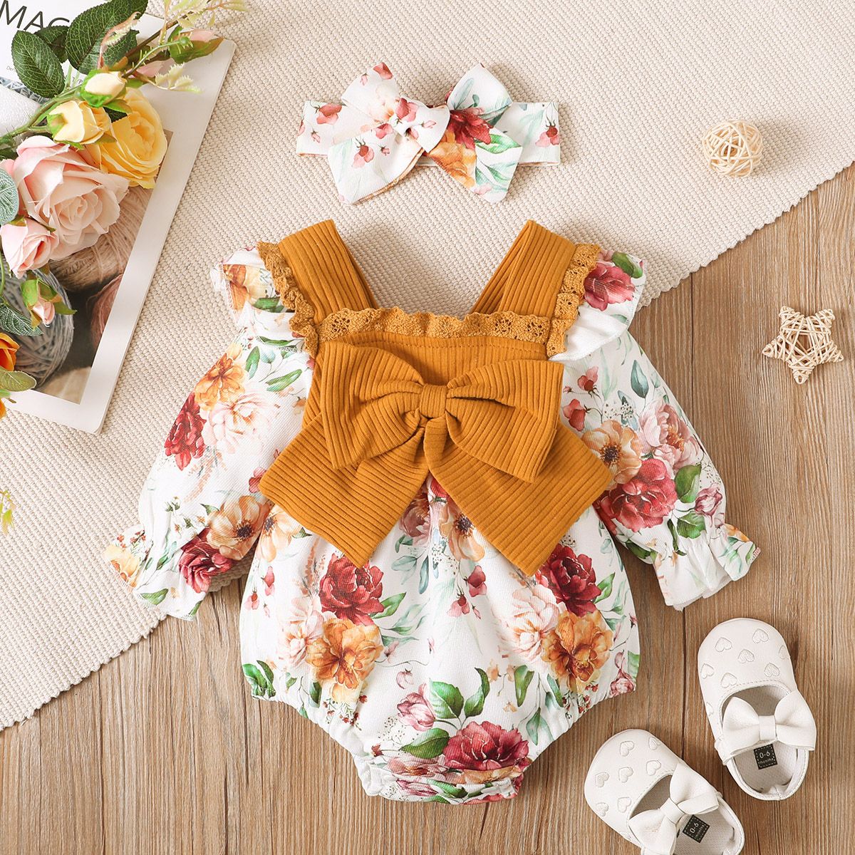 2pcs Baby Girl Floral Print Long-sleeve Spliced Solid Ribbed Bow Front Romper with Headband Set