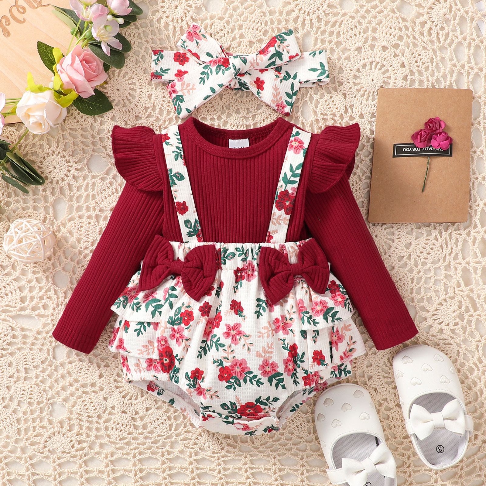 

2pcs Baby Girl Solid Cotton Ribbed Ruffle Trim Bow Front Floral Print Spliced Long-sleeve Romper & Headband Set