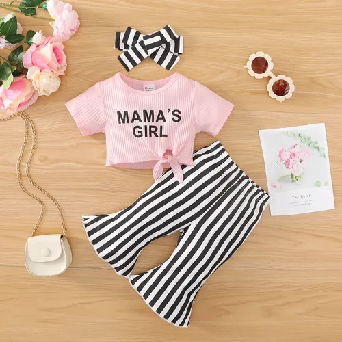 3pcs Baby Girl Letters Print Ribbed Short-sleeve Top and Stripe Flared Pants & Headband Set