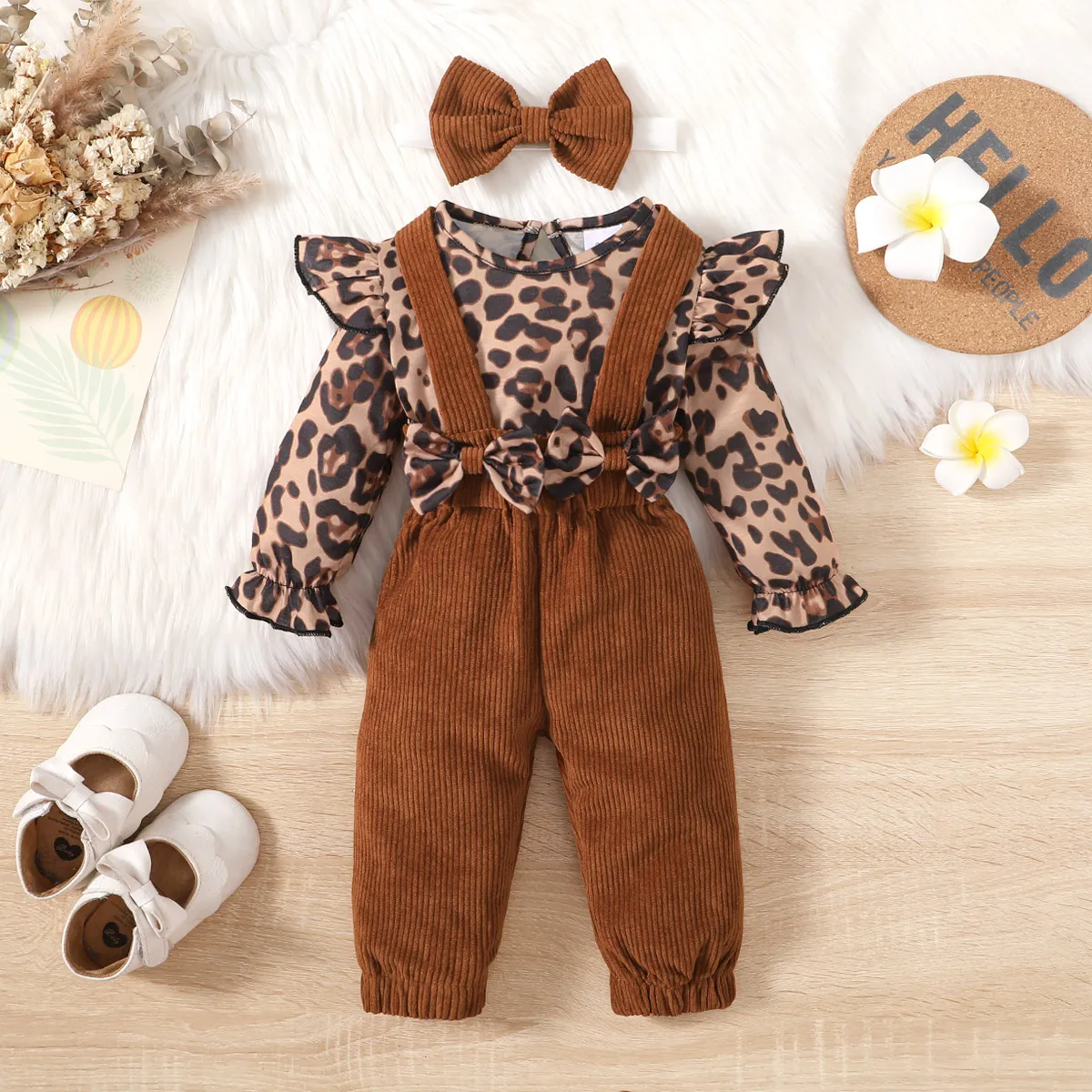 3pcs Baby Girl Leopard Print Ruffle Long-sleeve Romper and Bow Decor Ribbed Overalls & Headband Set Brown image 3