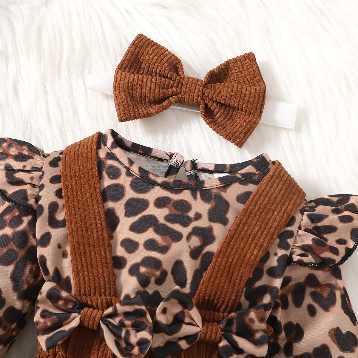 3pcs Baby Girl Leopard Print Ruffle Long-sleeve Romper and Bow Decor Ribbed Overalls & Headband Set Brown image 4