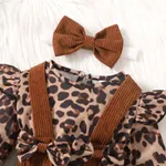 3pcs Baby Girl Leopard Print Ruffle Long-sleeve Romper and Bow Decor Ribbed Overalls & Headband Set  image 4
